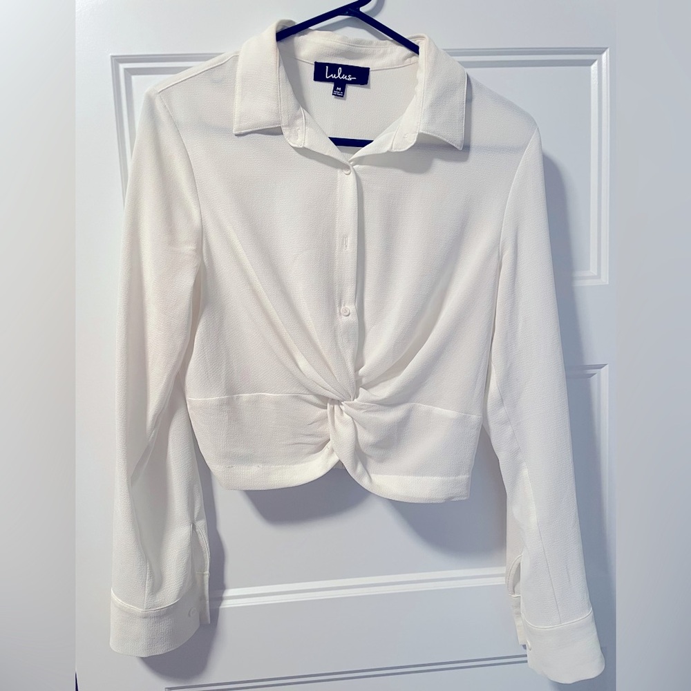 White Lulu’s crop top twist long sleeved button down